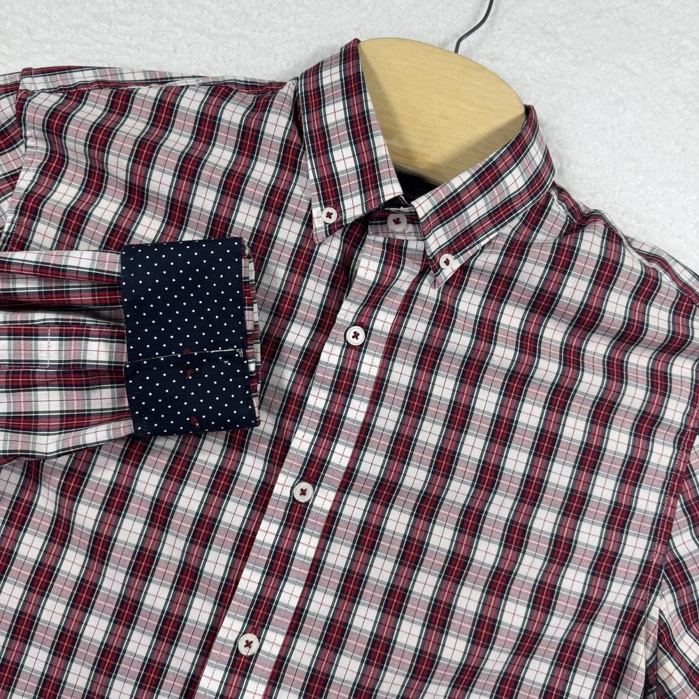 Nick Graham‎ Modern Fit Shirt Mens M Red White Blue Plaid Flip Cuff Patriotic